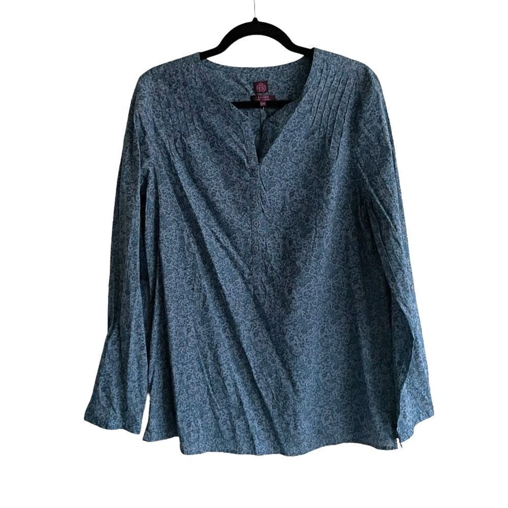 LIBERTY ART FABRICS Cotton Floral Print Popover Blouse Roll Sleeves Blue M